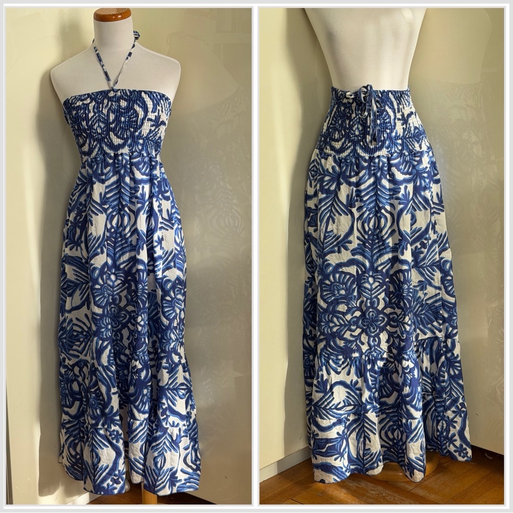 NWOT Blue & White Halter Smocked Bodice Midi Dress or Maxi Dress sz S/M